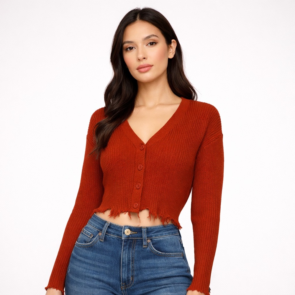 Fashion Nova Rust Cropped Distressed Hem Cardigan Sweater Small